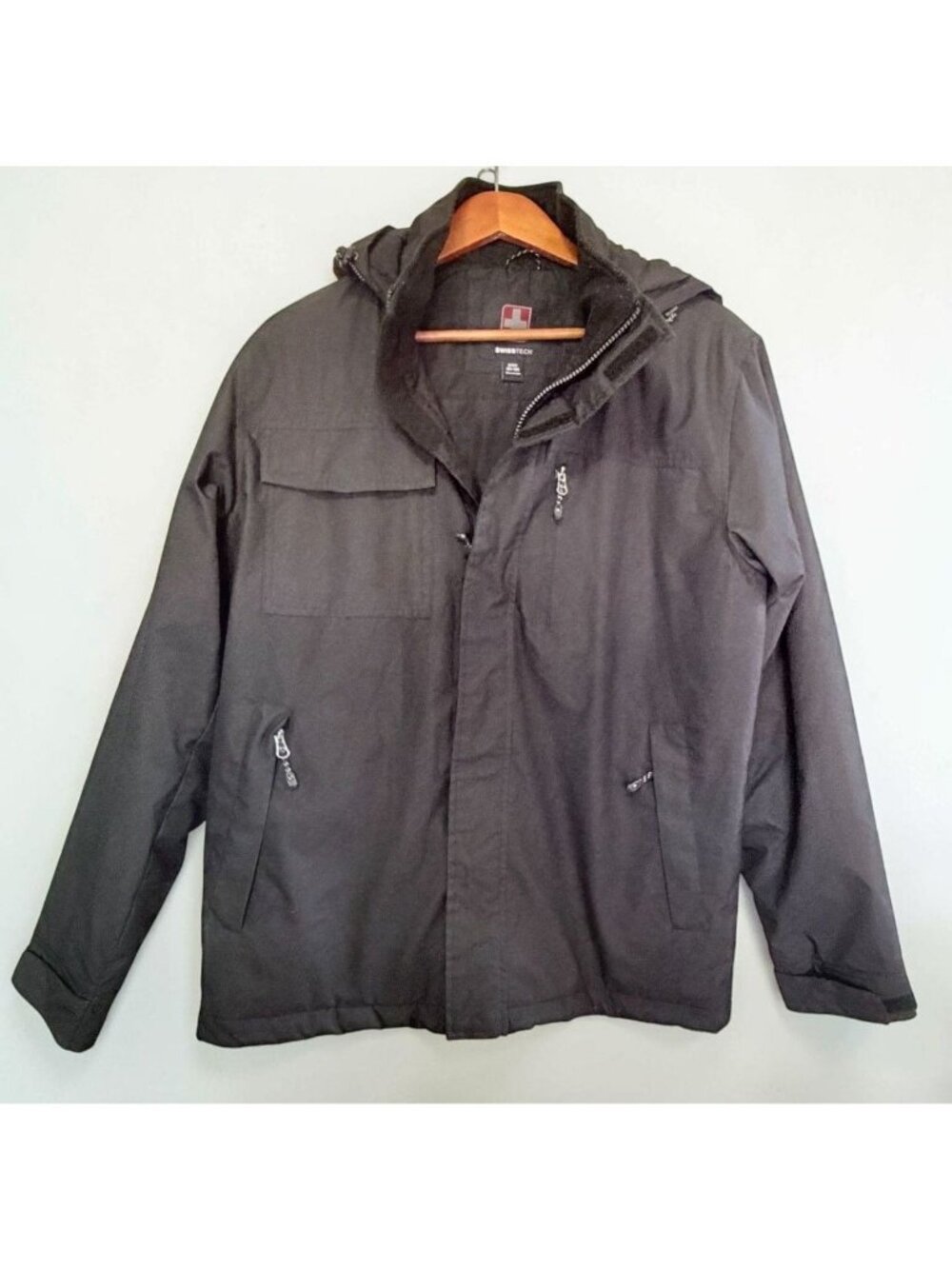 SwissTech Hooded Winter Jacket Black Small (34-36) Pockets Snow Ski